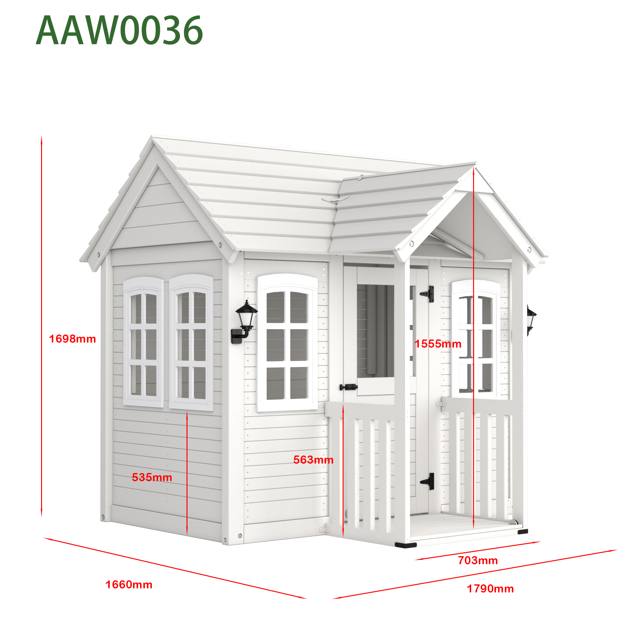AAW0036 fir wood outdoor kids playhouse — 1790×1660×1698mm, all-weather resistant, suitable for outdoor use as playhouse, pet house or storage.